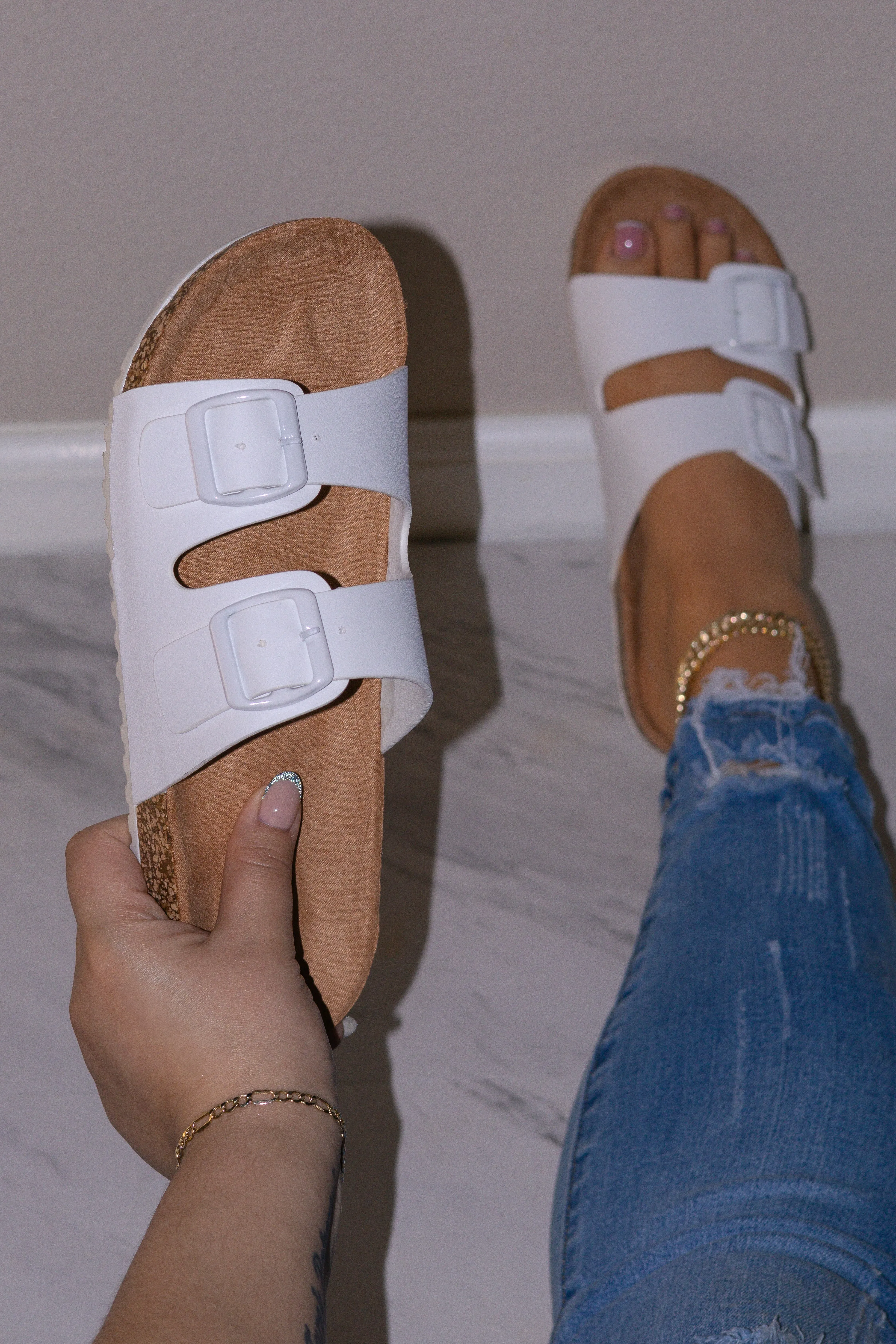 Audrina - Women's Slip-On Sandals, Double Strap with Buckle Detail, Cork Sole for a Natural & Trendy Look