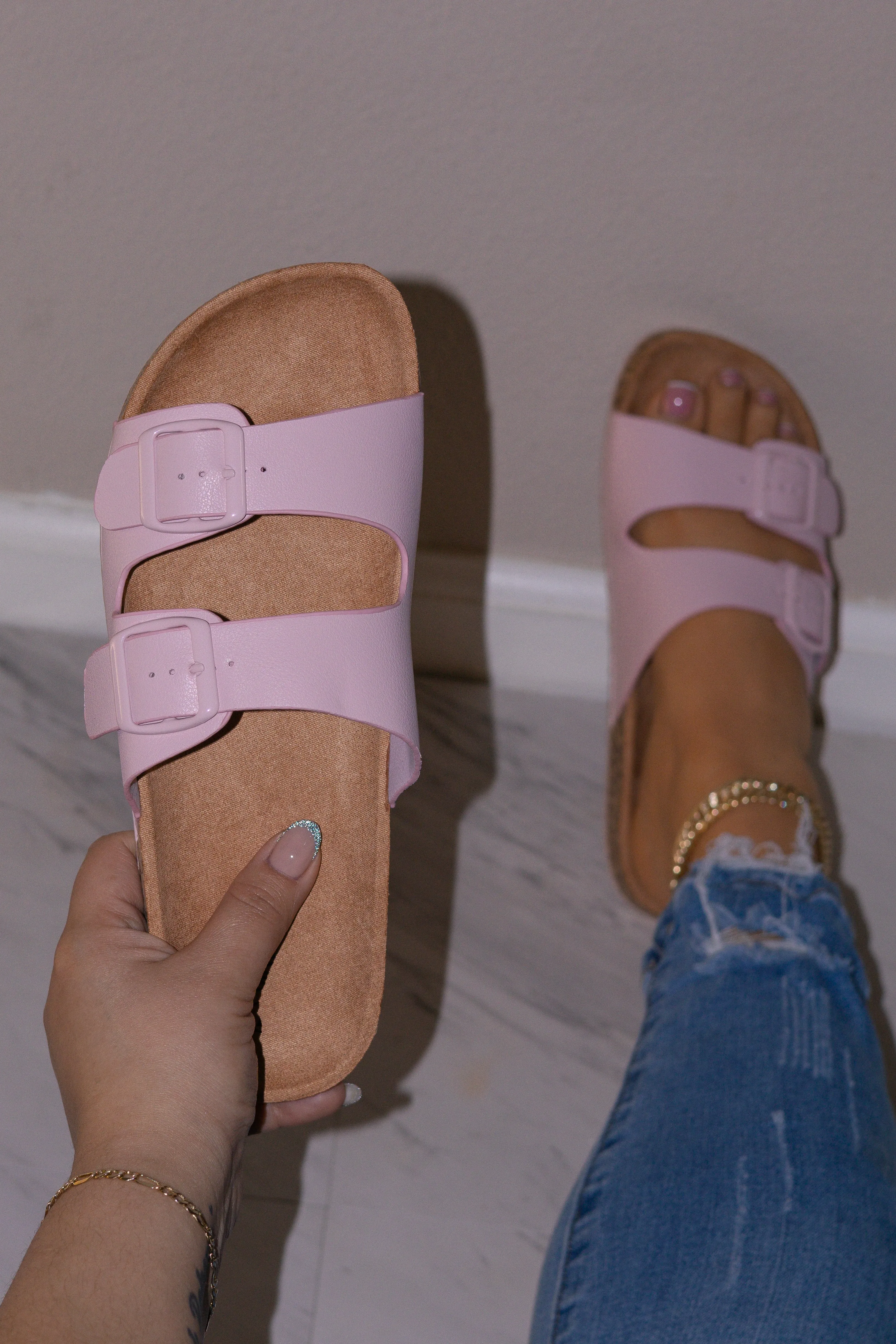 Audrina - Women's Slip-On Sandals, Double Strap with Buckle Detail, Cork Sole for a Natural & Trendy Look