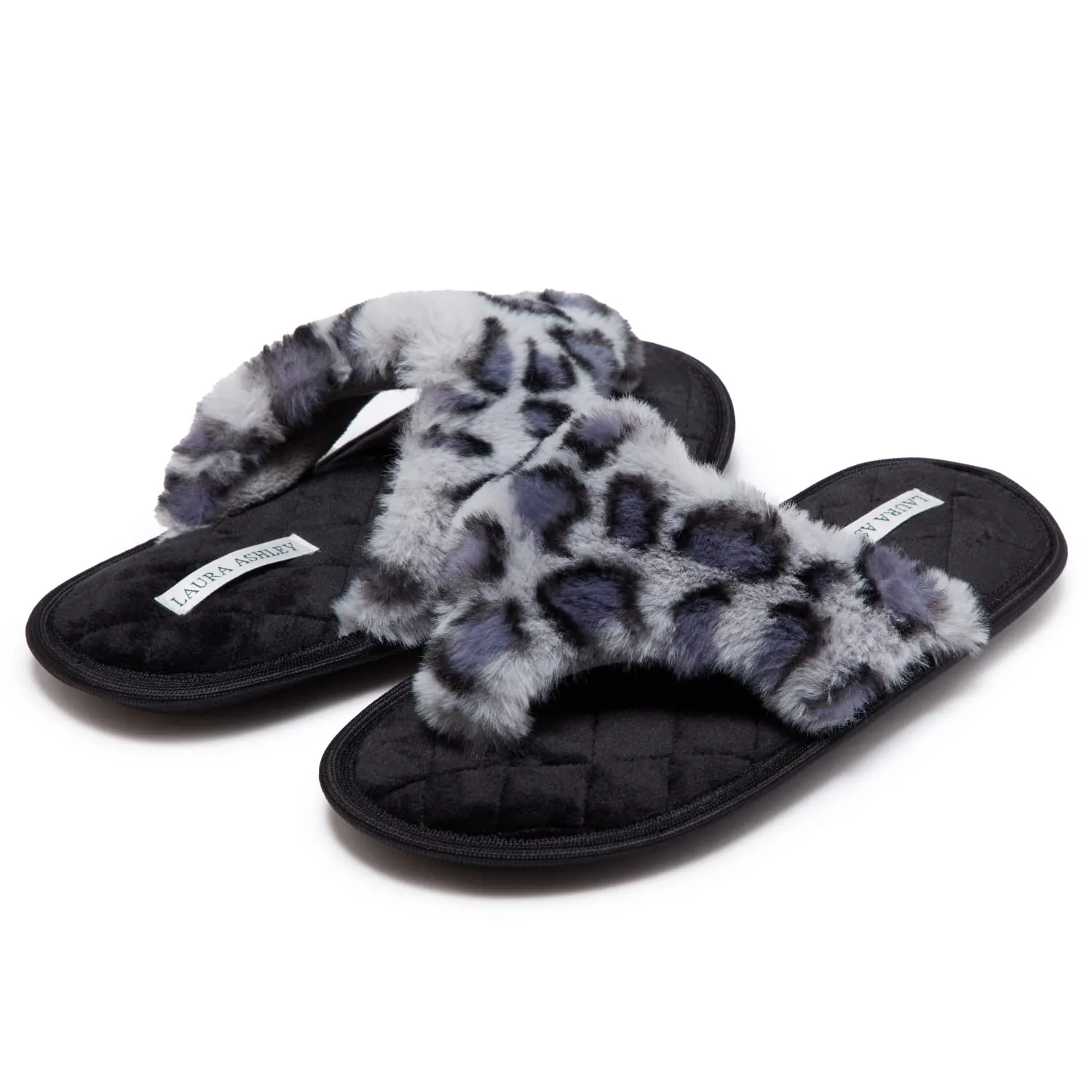 Laura Ashley Soft Plush Memory Foam Home Spa Thong Slippers for Women, Furry Leopard Print Bedroom Flip Flop Slippers