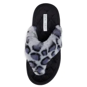 Laura Ashley Soft Plush Memory Foam Home Spa Thong Slippers for Women, Furry Leopard Print Bedroom Flip Flop Slippers