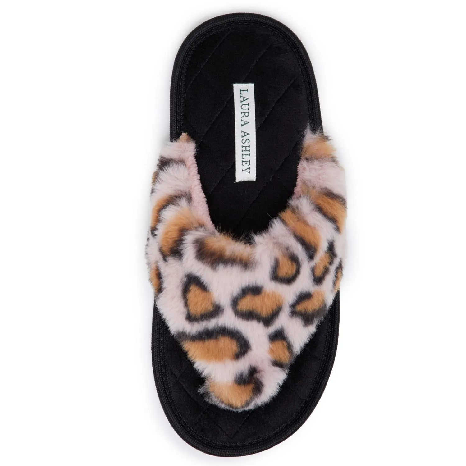 Laura Ashley Soft Plush Memory Foam Home Spa Thong Slippers for Women, Furry Leopard Print Bedroom Flip Flop Slippers