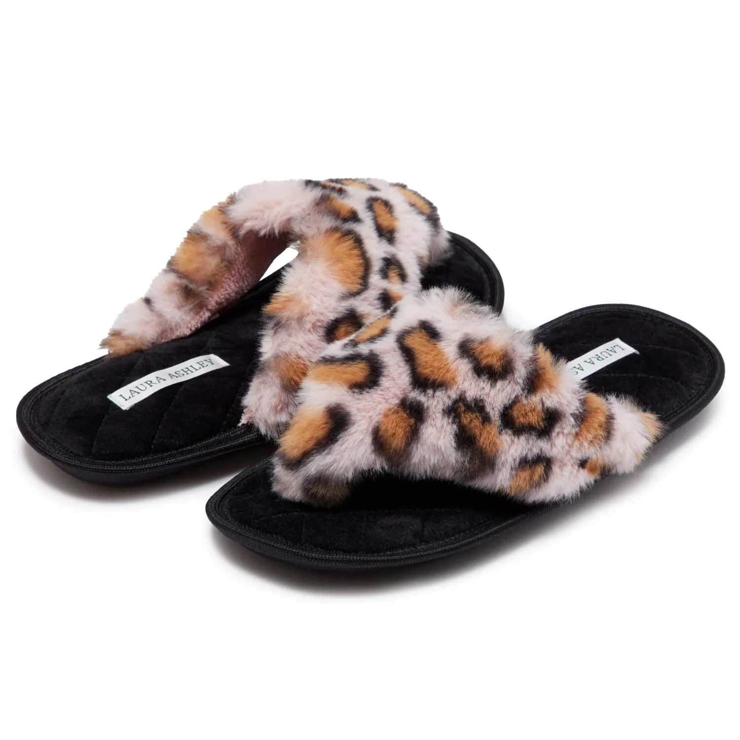 Laura Ashley Soft Plush Memory Foam Home Spa Thong Slippers for Women, Furry Leopard Print Bedroom Flip Flop Slippers