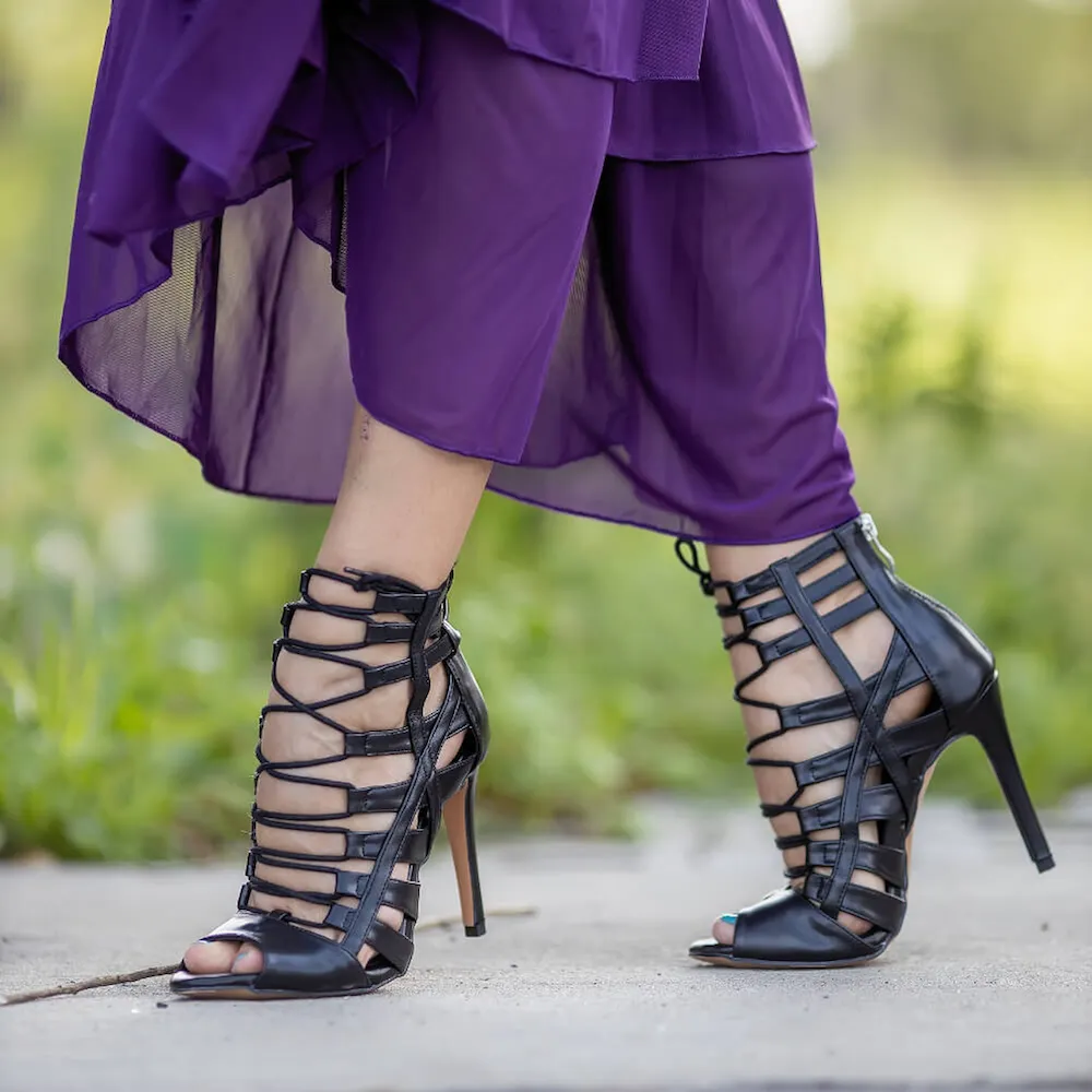 Tiyah - Strappy Open Toe Vegan Lace Up Latin Dance Shoes (Street Sole)